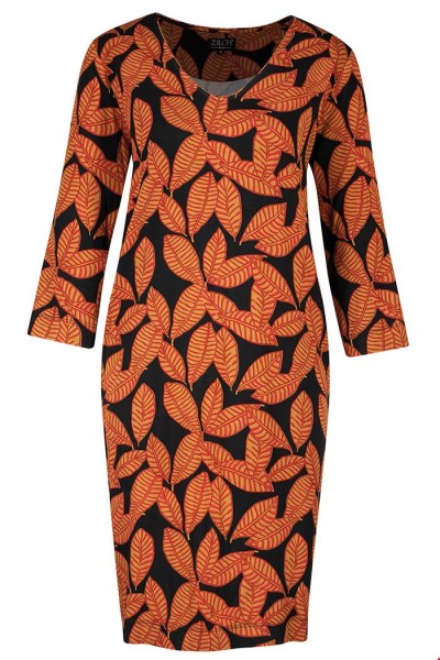 Zilch - Dress V-Neck Kleid - leaves black - Blätter Muster schwarz orange