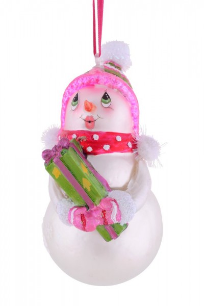 Gift Company - Weihnachtskugel Christbaum-Anhänger - Schneemann Schneefrau mit Geschenk - weiss pink