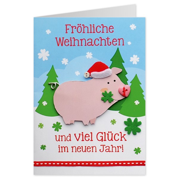Weihnachtskarte - Klappkarte X-Mas Knopfkarte - Schwein - Frohe Weihnachten