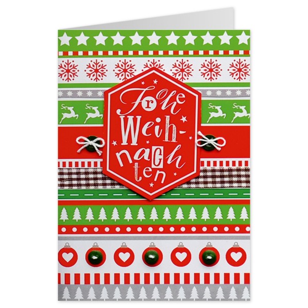 Weihnachtskarte - Klappkarte X-Mas Knopfkarte - Strickmuster - Frohe Weihnachten