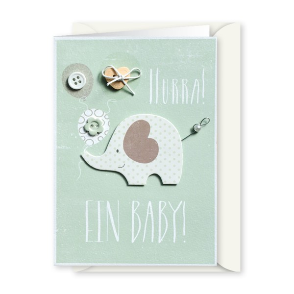 Gruss und Co - Knopfkarte Geburt - Elefant - Hurra ein Baby