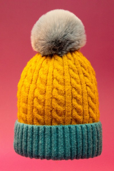 Powder - Greta Knitted Pompon Hat - Strickmütze mit Bommel Bommelmütze - teal mustard