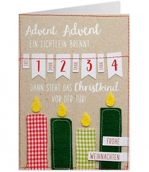 Weihnachtskarte - Klappkarte X-Mas Filzkarte - Kerzen Advent - Ein Lichtlein brennt