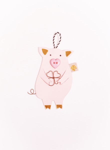 Glücksschweinchen - Schweinchen-Anhänger aus Papier mit Draht-Element - Kleeblatt