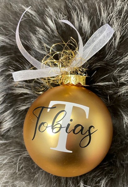Personalisierte Weihnachtskugel - Christbaumkugel mit Name - gold mit Beschriftung weiss und schwarz