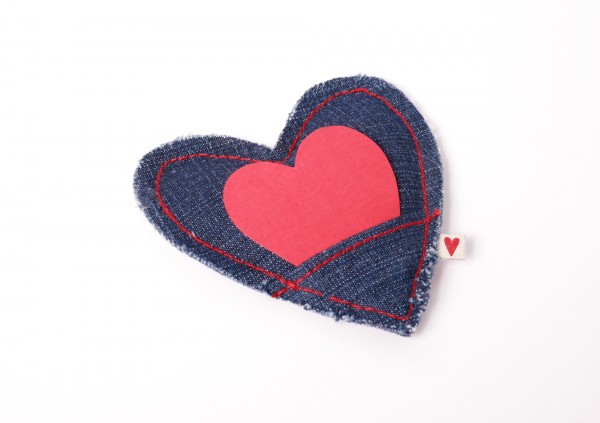 Jeans-Herz - Gefülltes Herz aus Jeans-Stoff mit Herz-Karte - Herz rot