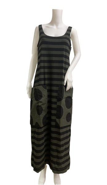 Alembika - Kleid - Dress UD1172 Khaki - schwarz khaki Streifen Punkte ohne Ärmel