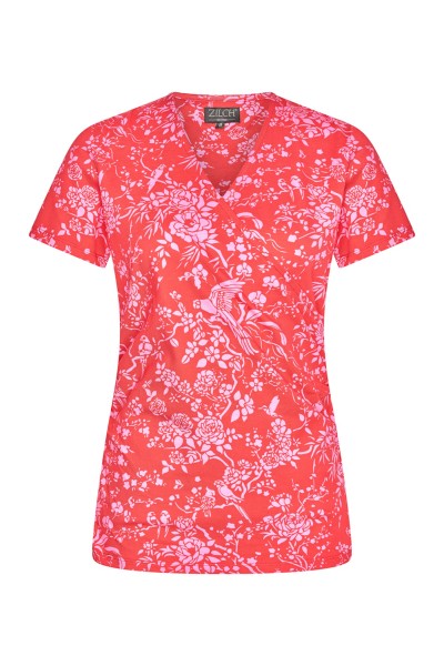 Zilch - Top Cross - Shirt Wickelausschnitt - parrot lollypop Muster Blumen Papagei rot rosa