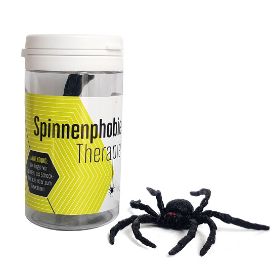 Liebeskummerpillen - Spinnenphobie-Therapie - Kunststoff-Spinne in der Dose