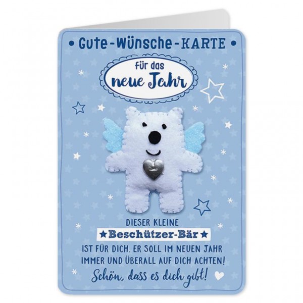 Weihnachtskarte - Klappkarte X-Mas Gute Wünsche - Fürs neue Jahr - Beschützer Bär blau